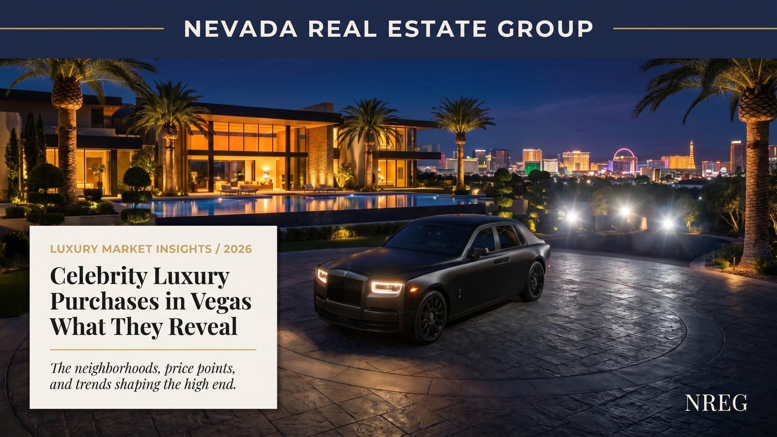 Las Vegas luxury guard-gated estate at twilight in the Henderson foothills — Las Vegas luxury homes hub