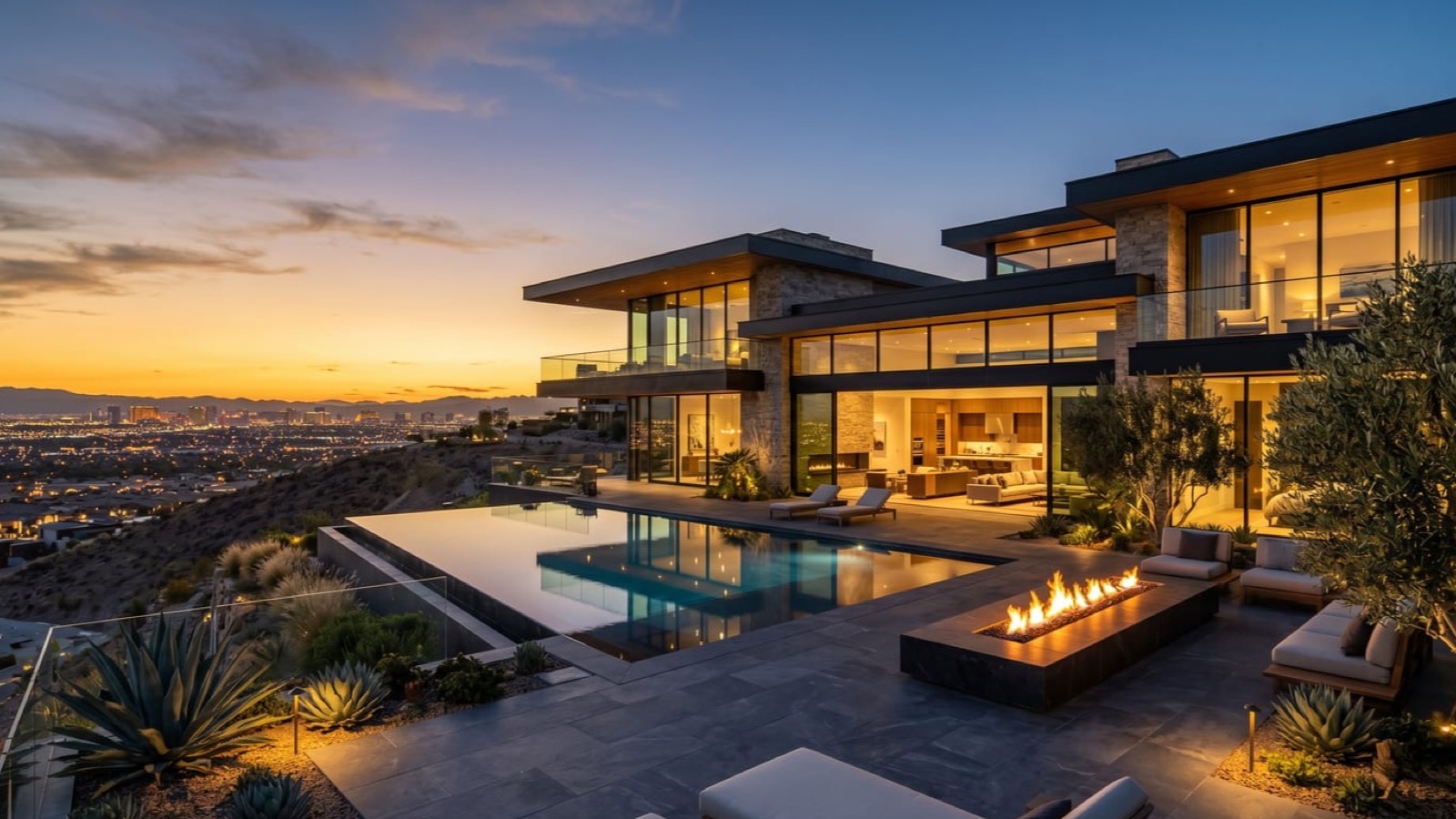 Las Vegas hillside custom estate with Strip skyline view — NREG luxury desk covers Ascaya, MacDonald Highlands, Summit Club