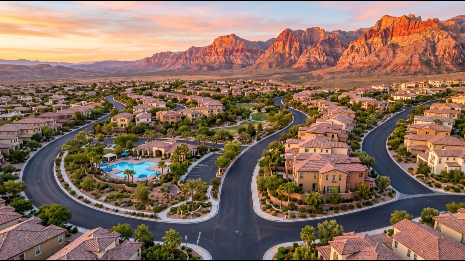 Downtown Summerlin and adjacent villages with Red Rock Canyon backdrop — the master-planned community governed by the Summerlin Council and individual village ARCs